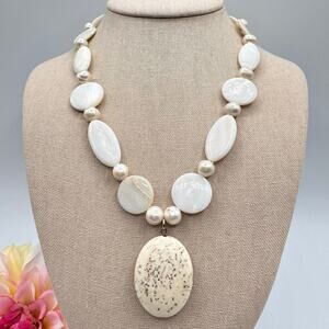 Mother of Pearl Genuine Pearls Natural Stone Pendant Necklace Handmade Artisan